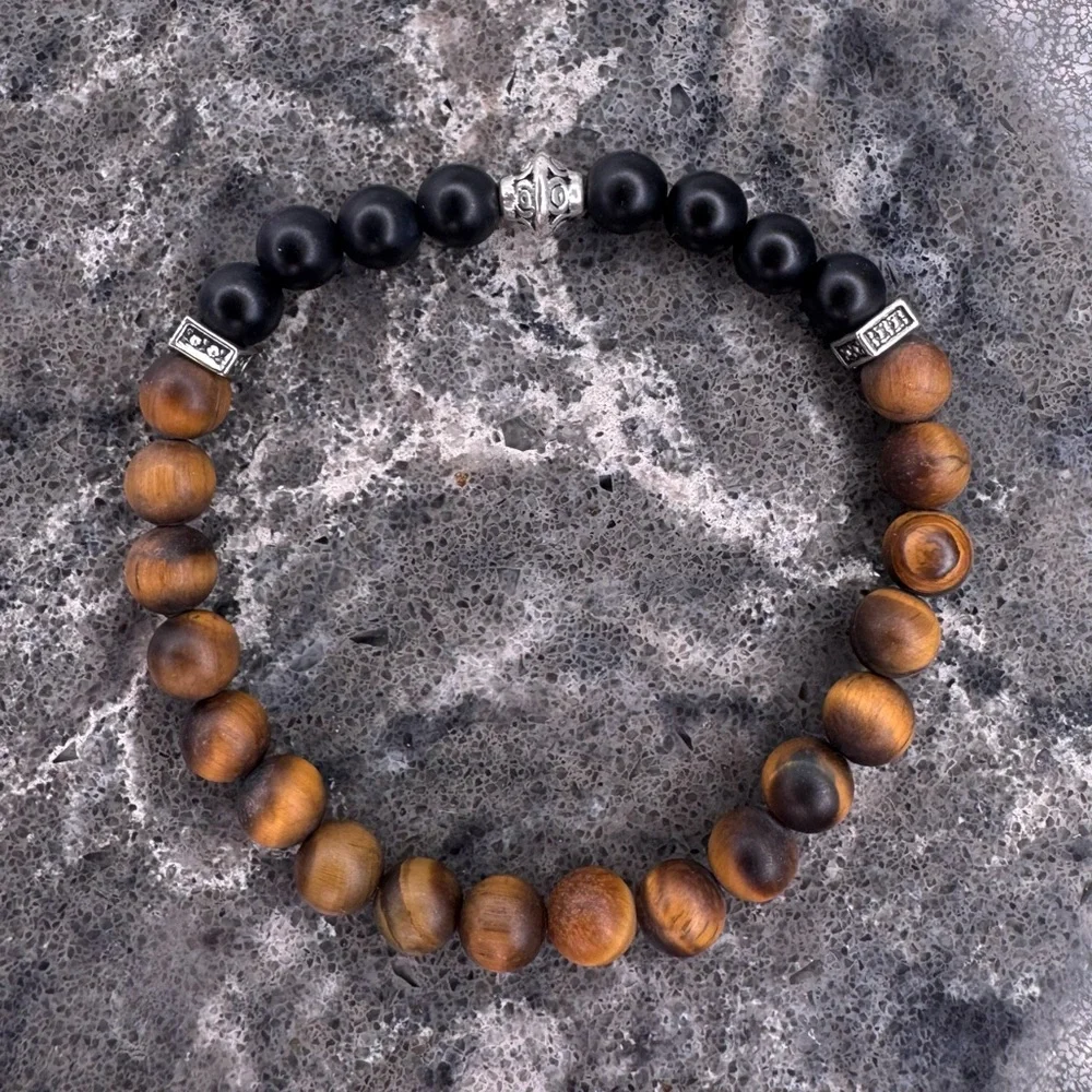 HAND CRAFTED Matte Onyx & Tiger Eye Beaded Stretch Bracelet 6.0” Circumference